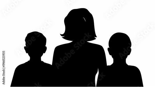 Silhouette of single parent with two children standing together family unity concept black against white background