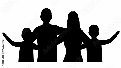 Family silhouette with parents and two children hugging symbolizing love and unity on a white background