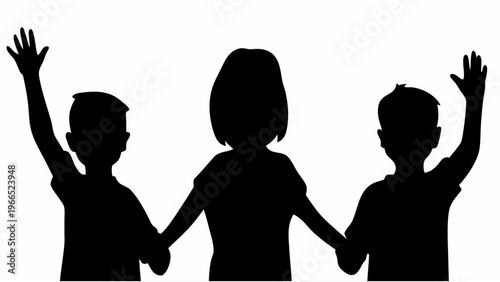 Silhouette of single parent with two children standing together holding hands with raised arms