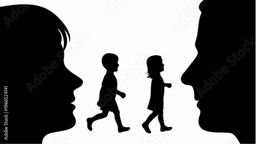 Silhouettes of parents facing each other with two children running between them in a white background