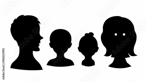 Silhouette of a family of four with two adults and two children in black on white background