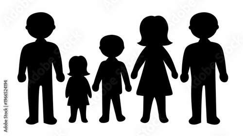 Silhouette of diverse family with five members standing together black icons on white background representing unity and togetherness