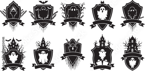 Halloween Crest Shields with Ghosts and Banners Black Icons