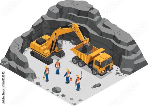 Isometric, mining, excavation, construction, excavator, dump, truck, workers, quarry, industry, heavy, equipment, digging, site, engineering, industrial, vector, illustration, 3d, concept