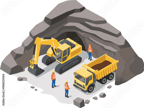 Isometric, mining, excavation, quarry, excavator, dump, truck, workers, industry, heavy, equipment, digging, tunnel, site, engineering, industrial, vector, illustration, 3d, concept