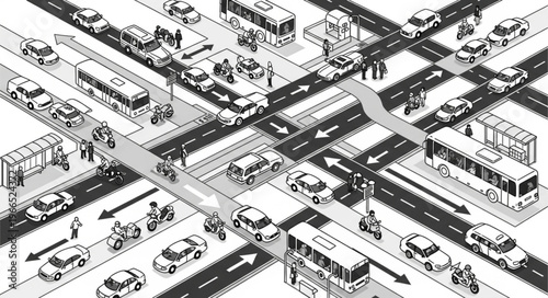 Busy City Intersection with Heavy Traffic and Pedestrians.