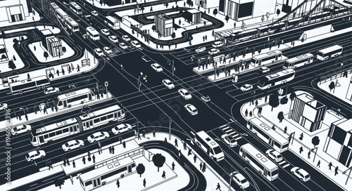 Busy City Intersection with Heavy Traffic and Pedestrians.