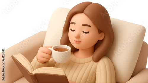 Mental health self care concept, woman relaxing with tea and book at home, soft lighting, calm mood, cozy lifestyle photography
