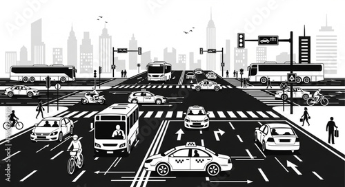 Busy City Intersection with Traffic and Pedestrians.