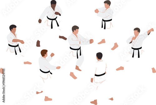 Karate training set fighters in different poses martial arts practice combat techniques discipline sport isolated minimalist vector illustration