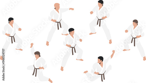 Karate fighters training set performing different techniques martial arts practice discipline combat sport poses isolated minimalist vector illustration