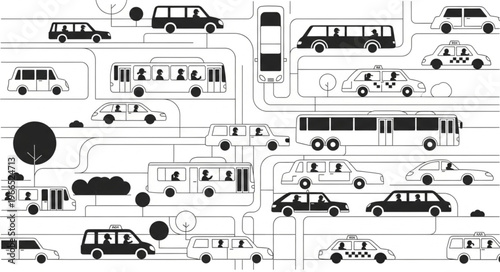 Busy City Street Scene with Diverse Vehicles and Pedestrians.