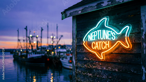 Illuminated neon sign shaped like a fish advertising neptune's catch glows vibrantly against weathered wood near a harbor at dusk