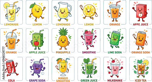 Cute Kawaii Drink Characters Vector Icon Set Featuring Lemonade Juice Soda Smoothie Cola and Milkshake Cartoon Mascots for Kids App Stickers and Fun Design