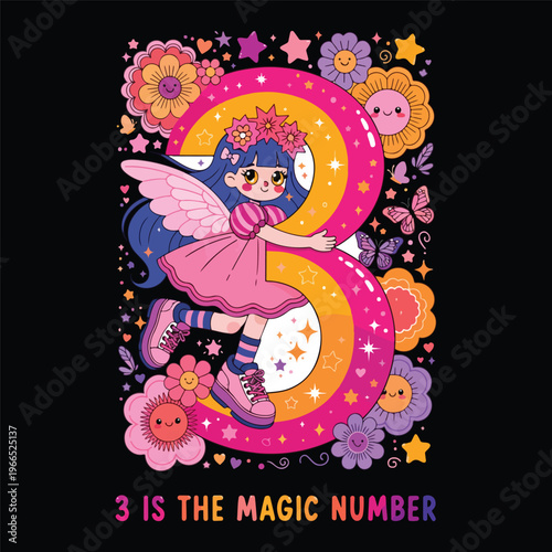 3 is the Magic Number - Cute Fairy Girl with Rainbow Cake Number 3 T-Shirt Design Template