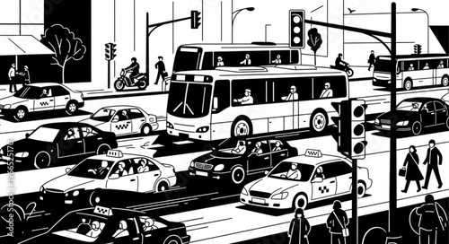 Busy City Street with Traffic and Pedestrians.