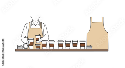 Flat illustration of a barista preparing coffee in a row of cups on a wooden counter with aprons.