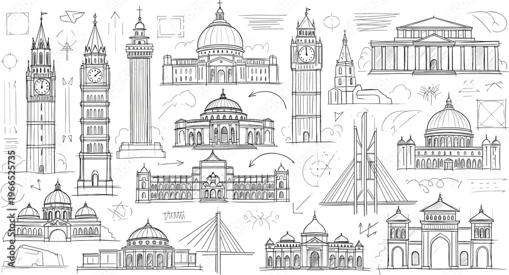 Obraz premium Famous Landmark Sketches and Architecture Icons Set with Buildings, Towers, and Monuments for Travel and Cultural Designs