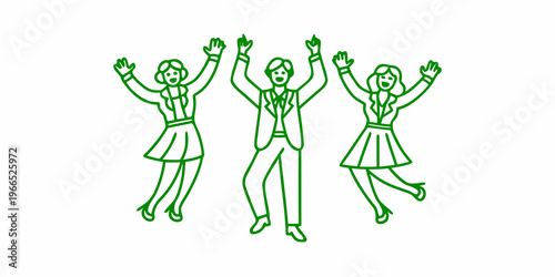 Three people jumping with arms raised in a green line art illustration