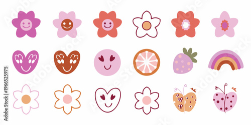 Colorful collection of whimsical smiling flowers fruits and rainbow shapes