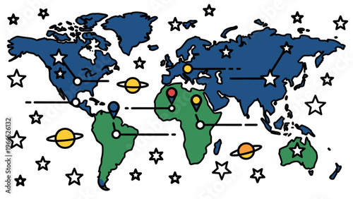 World Map with Planets and Stars Vector Illustration for Global Travel and Space Exploration Concepts
