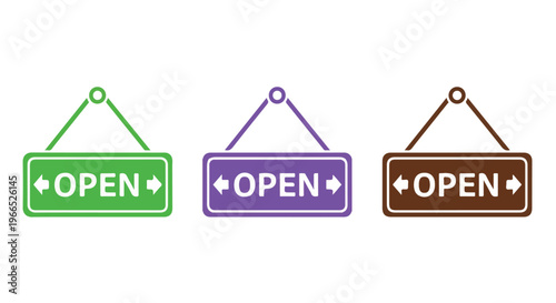 Three colorful hanging signs displaying the word OPEN in different shades of green, purple, and brown