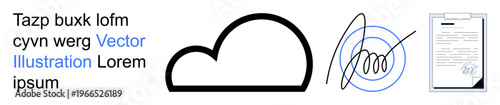 Cloud storage, e-signatures, digital documents, paperless solutions, data management, tech innovations. Black cloud, electronic signature and document icon. Cloud storage and e-signatures concepts