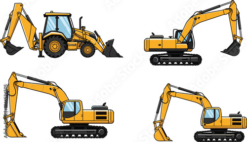 Heavy construction machinery vector set featuring backhoe loader and excavators with tracked bases, articulated arms, digging buckets, industrial equipment design