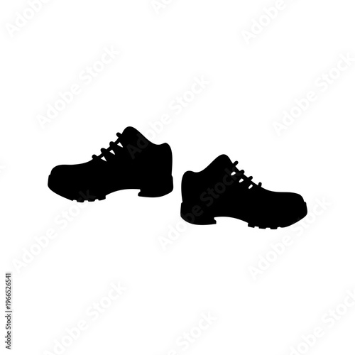 Silhouette of two black leather boots or hiking shoes on white backdrop