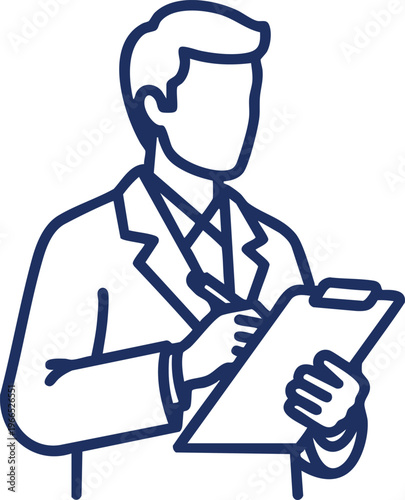 A line art illustration of a professional male doctor holding a clipboard and writing down notes.