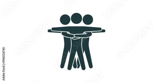 Three people standing together in a supportive team huddle with arms around each other in unity
