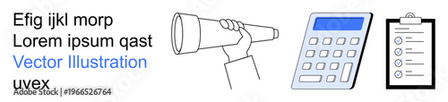 Business planning, strategy development, financial analysis, task management, goal tracking, productivity tools. Hand holding a telescope, calculator clipboard with checklist displayed. Business