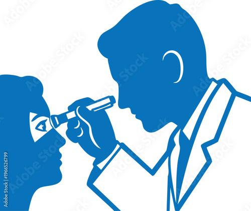 A blue silhouette illustration showing a medical professional examining a patient's eye closely