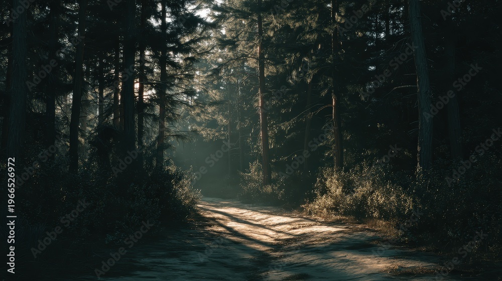 Naklejka premium Sunbeams Piercing Through a Dark Misty Pine Forest Path