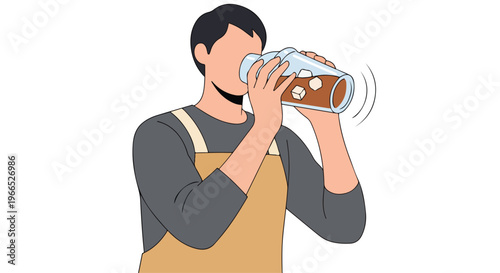 Man in apron drinking from a glass bottle with a brown liquid on a plain white background.