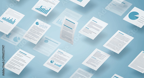 Business documents on blue background.