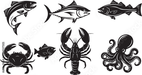 Seafood icons featuring various ocean creatures in black silhouette