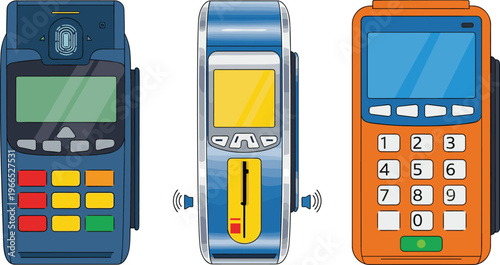 Modern electronic payment terminals collection with card readers, fingerprint sensor, contactless technology, numeric keypad, colorful display screens, financial transaction devices
