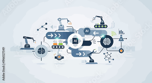Vector illustration of an abstract background featuring a cartoon robot with various transport vehicle icons like cars, trucks, buses, and delivery vans in a clean modern design