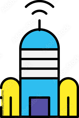 A futuristic communication tower emits signals in a technological landscape with a blue and yellow illustration.