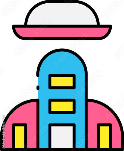 Iconic futuristic house with UFO hovering above the colorful building