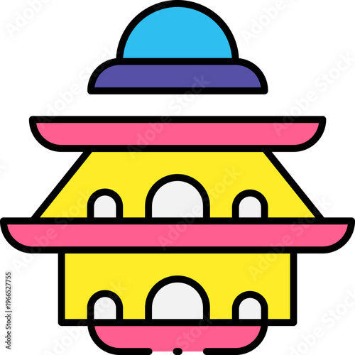 A colorful illustration of a traditional Asian temple with multiple roofs and domes