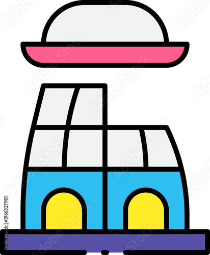 A colorful illustration of a building with a hat on top in a graphic design.