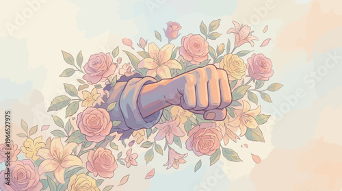 Empowerment Symbolism A Fist Breaking Through a Floral Arrangement Symbolizing Strength and Growth