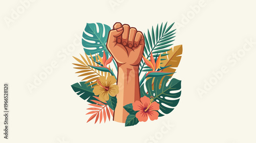 Vibrant illustration of a raised fist symbolizing strength, unity, and empowerment amidst lush tropical foliage and exotic flowers, representing nature's power and collective spirit