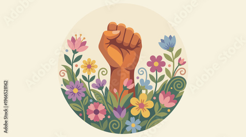 Fist holding up in the air with flowers growing around, representing resilience and growth