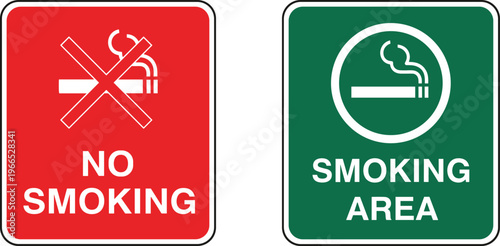 No smoking and designated smoking area signs with cigarette symbols, red and green backgrounds, public health safety vector illustration