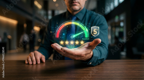 Customer Satisfaction and Excellence: A professional, holding a holographic representation of a five-star rating.
