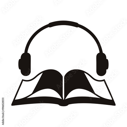 Black and white icon showcasing an open book with headphones on top