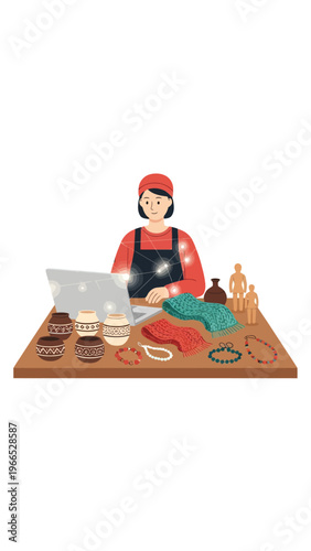 A woman managing her online craft store, surrounded by handmade pottery, knitted goods, wooden figures, and jewelry, using a laptop.
